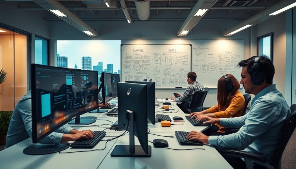 A team of software developers works on computers in a modern office, with a whiteboard covered in diagrams behind them and a cityscape visible through the windows.