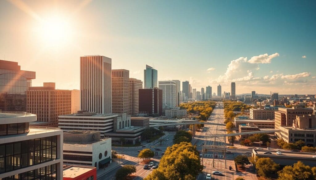 An elevated view of a sunlit modern city skyline shows tall office buildings flanking a wide avenue lined with green trees.
