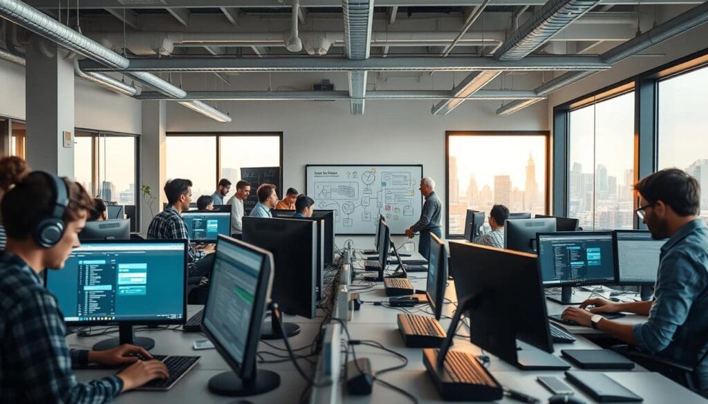 A busy, open-plan office features several rows of employees working at computers, while an older man gestures at a whiteboard diagram to a group gathered in the background, all bathed in the light from large windows overlooking a city.