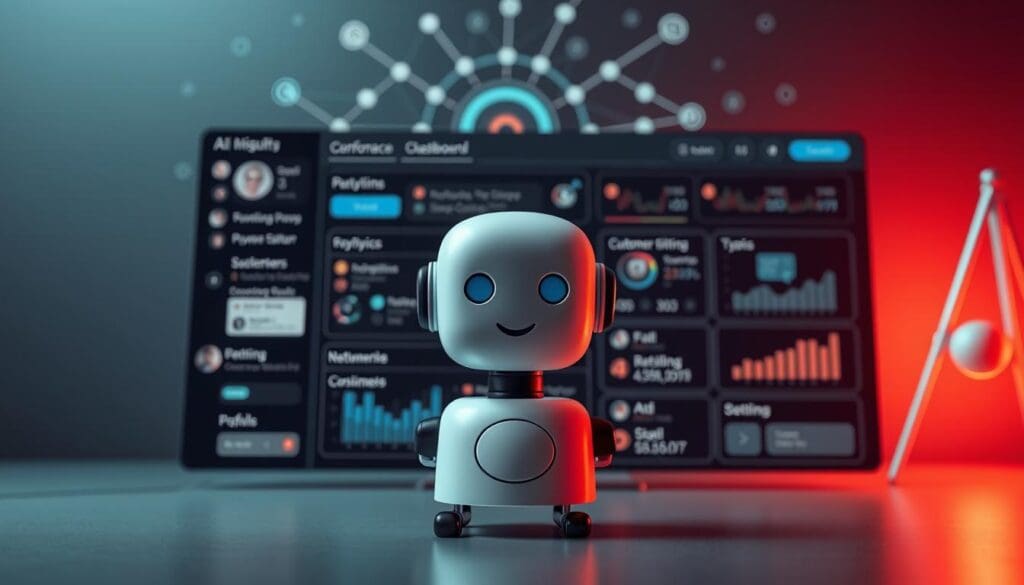 A small, friendly white robot with blue eyes stands in front of a dark digital dashboard displaying various graphs and metrics.