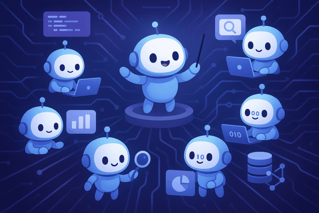 A central cartoon robot character, holding a pointer, is surrounded by smaller, cute blue robots engaged in various digital and data tasks like coding, analysis, and searching, all set against a dark blue background with glowing circuit board lines.