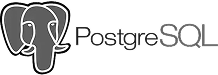The gray logo for PostgreSQL features the profile of an elephant next to the text "PostgreSQL," set on a transparent background.